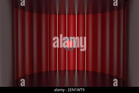 rendu 3d d'un cristal de verre rond flottant avec un objet rouge brillant à l'intérieur, entouré de tourdestallet rouge un fond et un haut ronds noirs. Banque D'Images