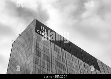 Photographie en noir et blanc du CHUM, traduite en Centre de santé de l'Université de Montréal Banque D'Images