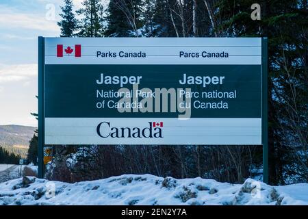 Panneau d'entrée au parc national Jasper, Canada Banque D'Images