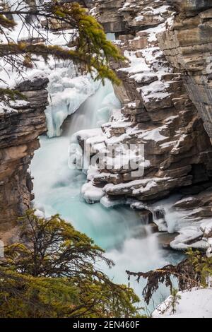 Belle vue sur les chutes d'Athabasca gelées en hiver, au Canada Banque D'Images