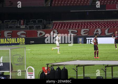 Sao Paulo, Sao Paulo, Brésil. 25 février 2021. Sao Paulo (SP), 25/02/2020 Ã â‚' FUTEBOL/CAMPEONATO BRASILEIRO/SAO PAULO/FLAMENGO - Luciano do Sao Paulo faz o gol e comemora contra o Flamengo, valida pela 38Ã‚Âª rodada no estadio do Morumbi em Sao Paulo, nesta quinta-feira crédit: Leco/Thealamy/Teuma/Teuma/S2 Banque D'Images