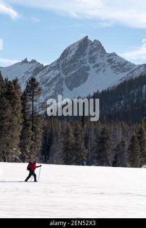 Ski de fond dans la région de Park Creek, Sawtooth Mountains, Idaho. Banque D'Images