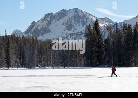 Ski de fond dans la région de Park Creek, Sawtooth Mountains, Idaho. Banque D'Images