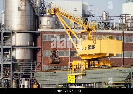 Ludwigshafen, Allemagne. 24 février 2021. Une grue avec le lettrage 'BASF' se trouve sur le site de la société chimique BASF. La société annoncera ses chiffres pour le dernier exercice financier vendredi (fév 26). Credit: Uwe Anspach/dpa/Alamy Live News Banque D'Images