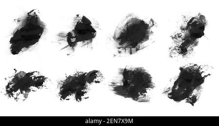 De belles pinceaux noirs pour la peinture. Jeu de pinceaux de frottis isolés sur fond blanc Banque D'Images