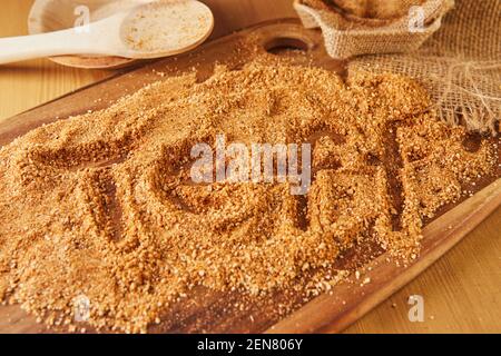 Teff, une alternative sans gluten de grain ancien avec le nom écrit dans lui. Le téff est devenu un choix d'aliments de santé populaire. Banque D'Images