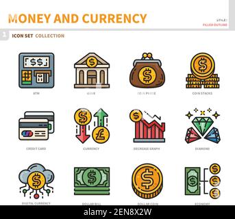 jeu d'icônes argent et devise, style de contour plein, vecteur et illustration Illustration de Vecteur