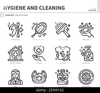 jeu d'icônes d'hygiène et de nettoyage, style de contour, vecteur et illustration Illustration de Vecteur