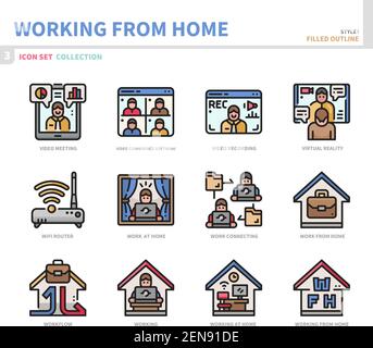 jeu d'icônes de travail à partir de la maison, style de contour plein, vecteur et illustration Illustration de Vecteur