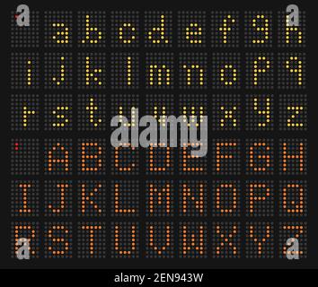 points jaunes lettre minuscule et points orange lettre majuscule Alphabet d'affichage numérique LED sur fond noir, élément graphique, vecteur et il Illustration de Vecteur