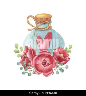 Aquarelle sur fond clair. Illustration peinte à la main lumineuse de la jolie composition de bouteille et de fleur. Banque D'Images