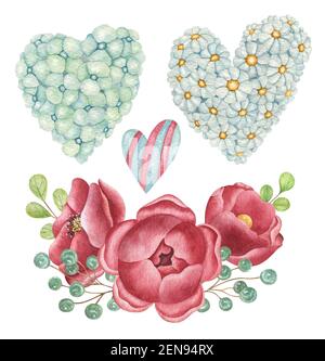 Aquarelle définie sur le fond clair. Illustration brillante peinte à la main avec coeur, composition florale et camomille. Banque D'Images