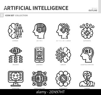 jeu d'icônes d'intelligence artificielle, style de contour, vecteur et illustration Illustration de Vecteur