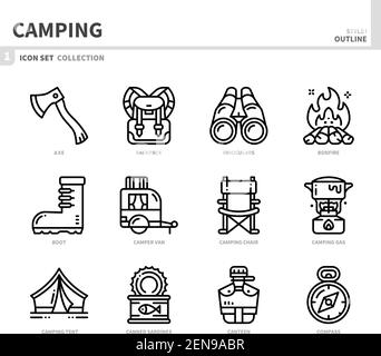 jeu d'icônes de camping, style de contour, vecteur et illustration Illustration de Vecteur