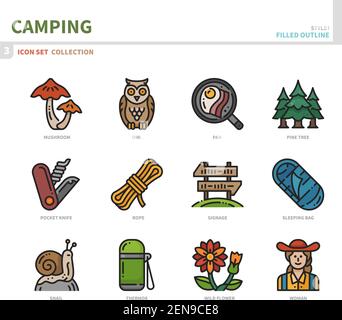 jeu d'icônes camping, style de contour plein, vecteur et illustration Illustration de Vecteur