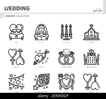 jeu d'icônes mariage et mariage, style de contour, vecteur et illustration Illustration de Vecteur