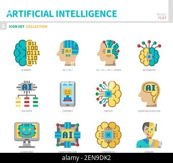 jeu d'icônes d'intelligence artificielle, style plat, vecteur et illustration Illustration de Vecteur