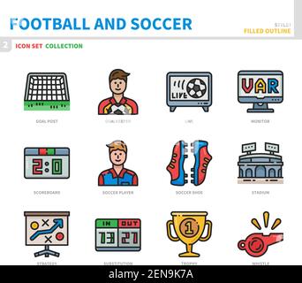 jeu d'icônes football et football, style de contour plein, vecteur et illustration Illustration de Vecteur
