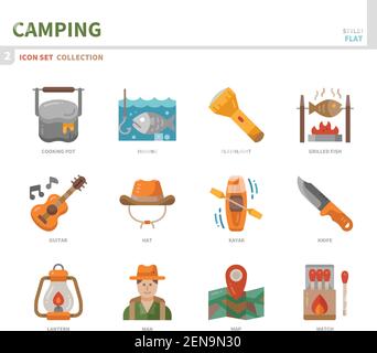 jeu d'icônes de camping, style plat de couleur, vecteur et illustration Illustration de Vecteur