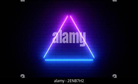Enseigne au néon sur un mur de briques. Triangle violet brillant. Arrière-plan abstrait, spectre de couleurs vives. illustration de rendu 3d. Banque D'Images