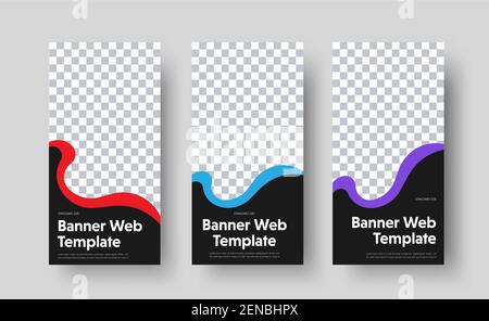 Ensemble de modèles de bannières web noires verticales vectorielles avec emplacement pour la photo et les éléments ondulés de couleur. Design universel pour la publicité. Illustration de Vecteur