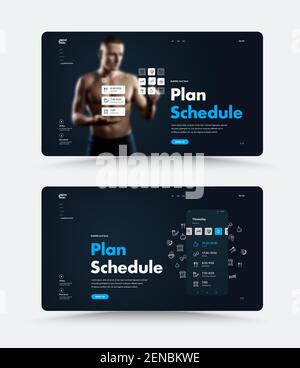 Conception de page Web à vecteur noir pour la planification de la journée. Modèles avec graphiques interactifs mobiles et hologrammes d'applications. Thème du sport. Illustration de Vecteur