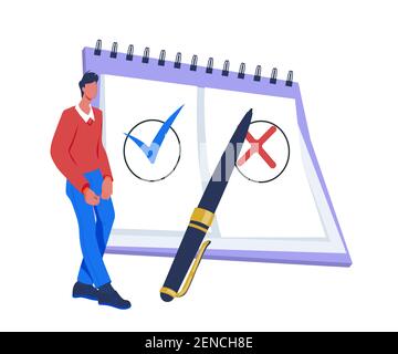 Questionnaire et concept d'enquête avec l'homme à côté d'une énorme liste de contrôle, illustration vectorielle plate isolée sur fond blanc. Remplir le questionnaire pour Illustration de Vecteur