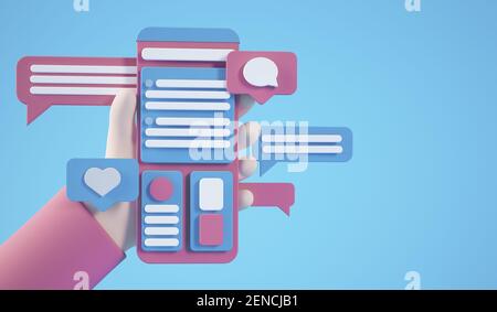 Dessin animé mains tenant interface concept smartphone 3d rendu Banque D'Images