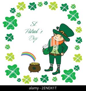 Drôle de petit leprechun avec une tasse de bière verte, un pot d'or et un arc-en-ciel dans le cadre des feuilles de la trèfle.St. Patrick's Day.décor vintage Illustration de Vecteur