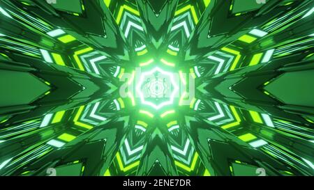 Illustration 3D du motif kaléidoscope vert et jaune avec des couleurs vives éclairage Banque D'Images