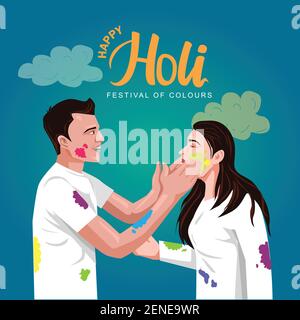 Joyeux festival indien Holi. Jeune couple jouant la célébration Holi sur robe blanche, affiche, bannière, papier peint. Dessin d'illustration vectoriel Illustration de Vecteur