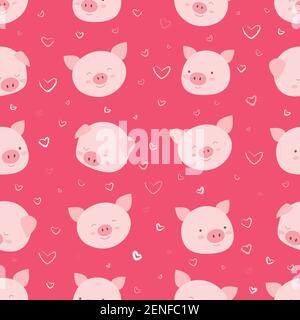 Motif sans couture avec visages heureux et drôles de cochons, sur fond de coeurs, sur fond rose isolé. Illustration vectorielle drôle animaux de dessin animé Illustration de Vecteur