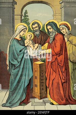 QUATRIÈME MYSTÈRE JOYEUX : LA PRÉSENTATION DANS LE TEMPLE la bibliothèque catholique picturale : contenant sept volumes en un : l'histoire de la Sainte Vierge -- la colombe du tabernacle -- l'histoire catholique -- l'interprétation de la Sainte Vierge -- UN index chronologique -- les lettres pastorales de la troisième plénière. Council -- UN chapelet de versets -- hymnes catholiques publiés à New York par Murphy & McCarthy en 1887 Banque D'Images