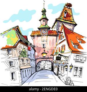 Croquis en couleur vectoriel de Markuturm dans la vieille ville médiévale de Rothenburg ob der Tauber, Bavière Illustration de Vecteur