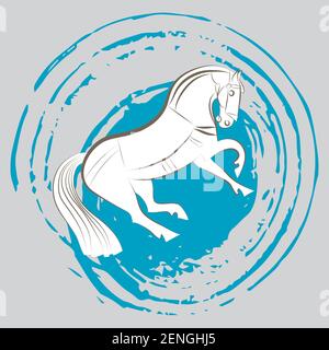 Jeune étalon blanc. Fort cheval élevé. Silhouette de contour de dessin à la main de mustang gracieux. Animal sauvage. Logo cheval. Illustration vectorielle Illustration de Vecteur