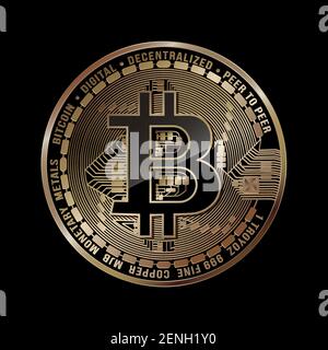 Dessin vectoriel, pièce en bitcoin dorée sur fond noir Illustration de Vecteur