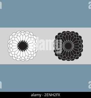 Deux icônes florales noir et blanc. Fleurs de dahlia monochromes. Rosettes abstraites sur fond gris. Symbole floral été, automne. Éléments de conception. Illustration de Vecteur