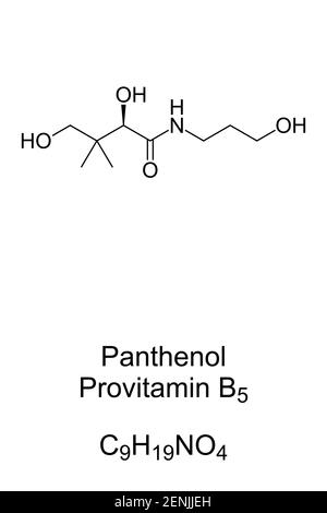 Panthénol, provitamine B5, formule chimique, structure squelettique. Également appelé pantothénol, utilisé comme hydratant et pour améliorer la cicatrisation des plaies. Banque D'Images