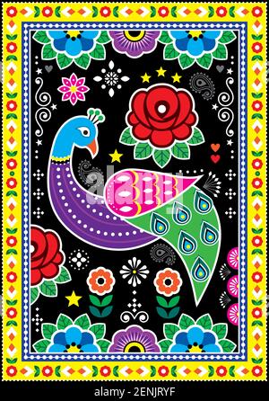 Motif vectoriel d'art pakistanais et indiens avec roses Peacoks, motif floral décoratif et dynamique Illustration de Vecteur