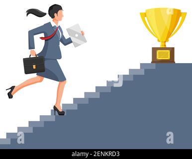 Femme d'affaires et trophée d'or sur une échelle de succès. Récompense, victoire, but, réalisation de champion. Succès, triomphe, objectif. Croissance de carrière. Victoire de la concurrence. Illustration vectorielle plate Illustration de Vecteur