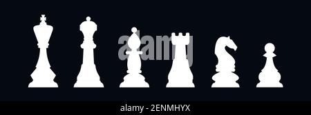 Icônes de pièces d'échecs. Jeu de société. Silhouettes noires isolées sur fond blanc. Illustration de Vecteur
