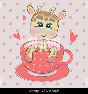 Une jolie girafe de dessin animé est assise dans une tasse de café Illustration de Vecteur