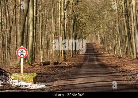 Route forestière en allemagne avec un panneau de non-passage Banque D'Images