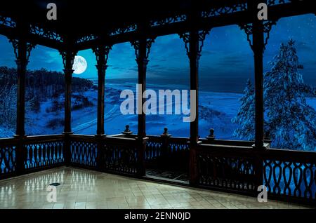 Vue depuis la galerie en bois de la nuit d'hiver sur une côte de mer enneigée entourée de sapins enneigés avec pleine lune dans un ciel étoilé. Banque D'Images