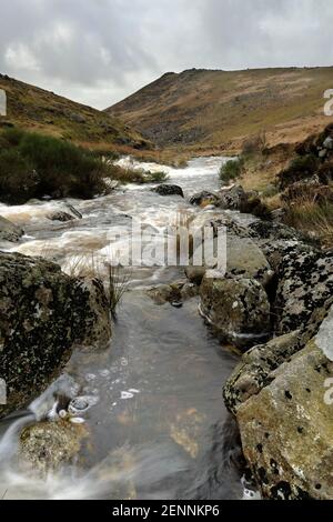 La rivière Tavy à Tavy Cleave, Dartmoor, qui coule rapidement à travers les rochers. Banque D'Images