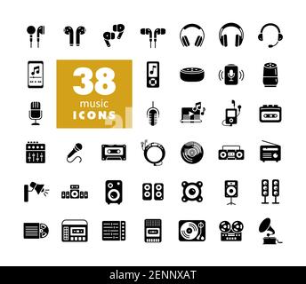 Périphériques multimédia et symboles jeu d'icônes de glyphes. Symbole graphique pour la conception, le logo, l'application, l'interface utilisateur du site Web et des applications audio et musicales Illustration de Vecteur
