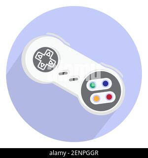 Contrôleur de jeu vidéo rétro ou joystick classique icône plate isolée sur fond rond Illustration de Vecteur