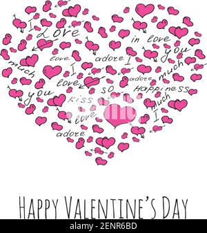 Bonne carte de vœux de Saint Valentin avec coeurs roses et police mignonne. Illustration vectorielle. Bonnes paroles de Saint Valentin. Illustration de Vecteur