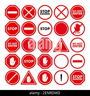 Un ensemble de panneaux restrictifs et d'avertissement. Isolé sur fond blanc. Ensemble d'icônes d'arrêt de mouvement en style plat. Illustration vectorielle Illustration de Vecteur