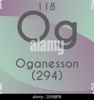 Schéma d'illustration du vecteur d'élément chimique OG Oganesson, avec numéro atomique et masse. Conception plate à gradient simple pour l'enseignement, le laboratoire, les cours de sciences Illustration de Vecteur